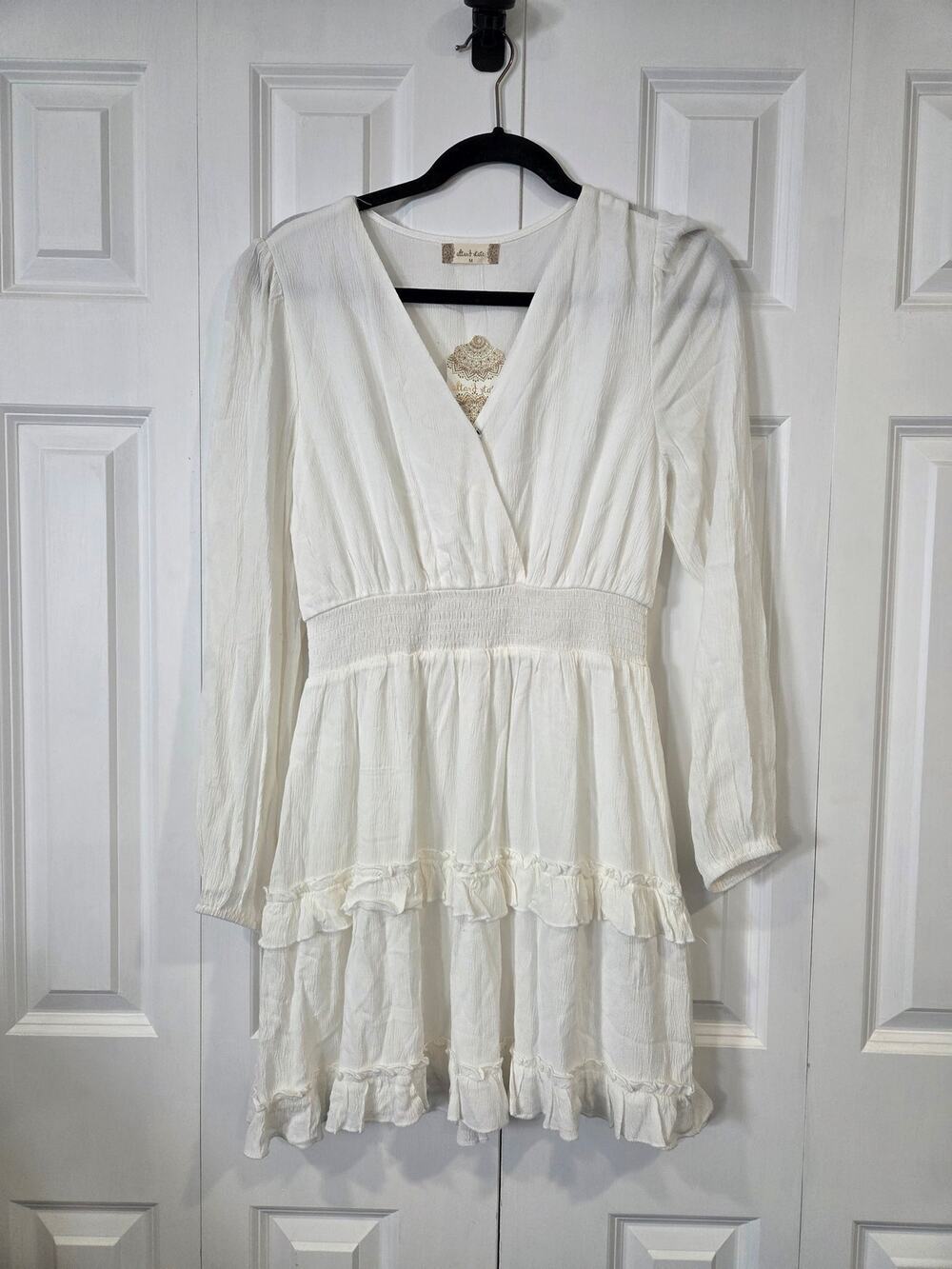 NWT Altar'd State White Long Sleeve Tiered Mini Dress Medium Boho Cottagecore - Picture 1 of 8